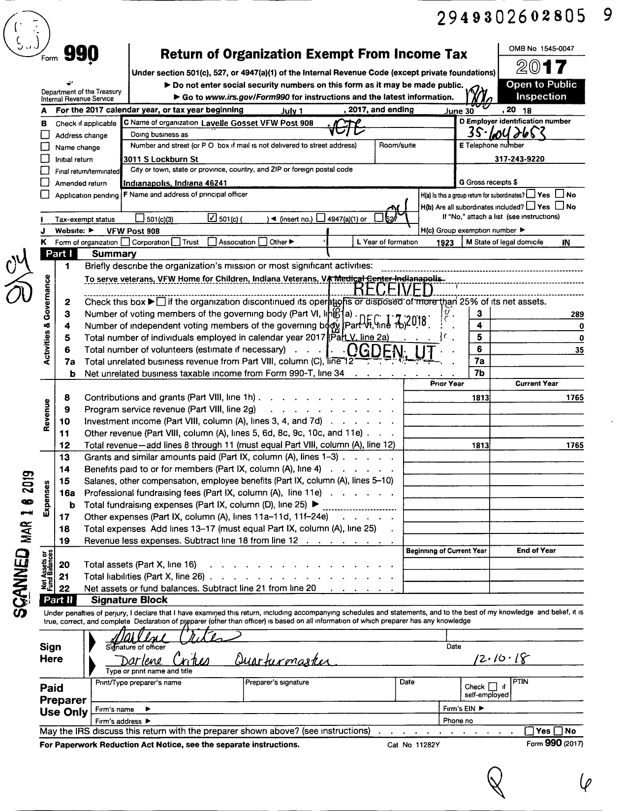 Image of first page of 2017 Form 990O for Lavelle Gossett VFW Post 908