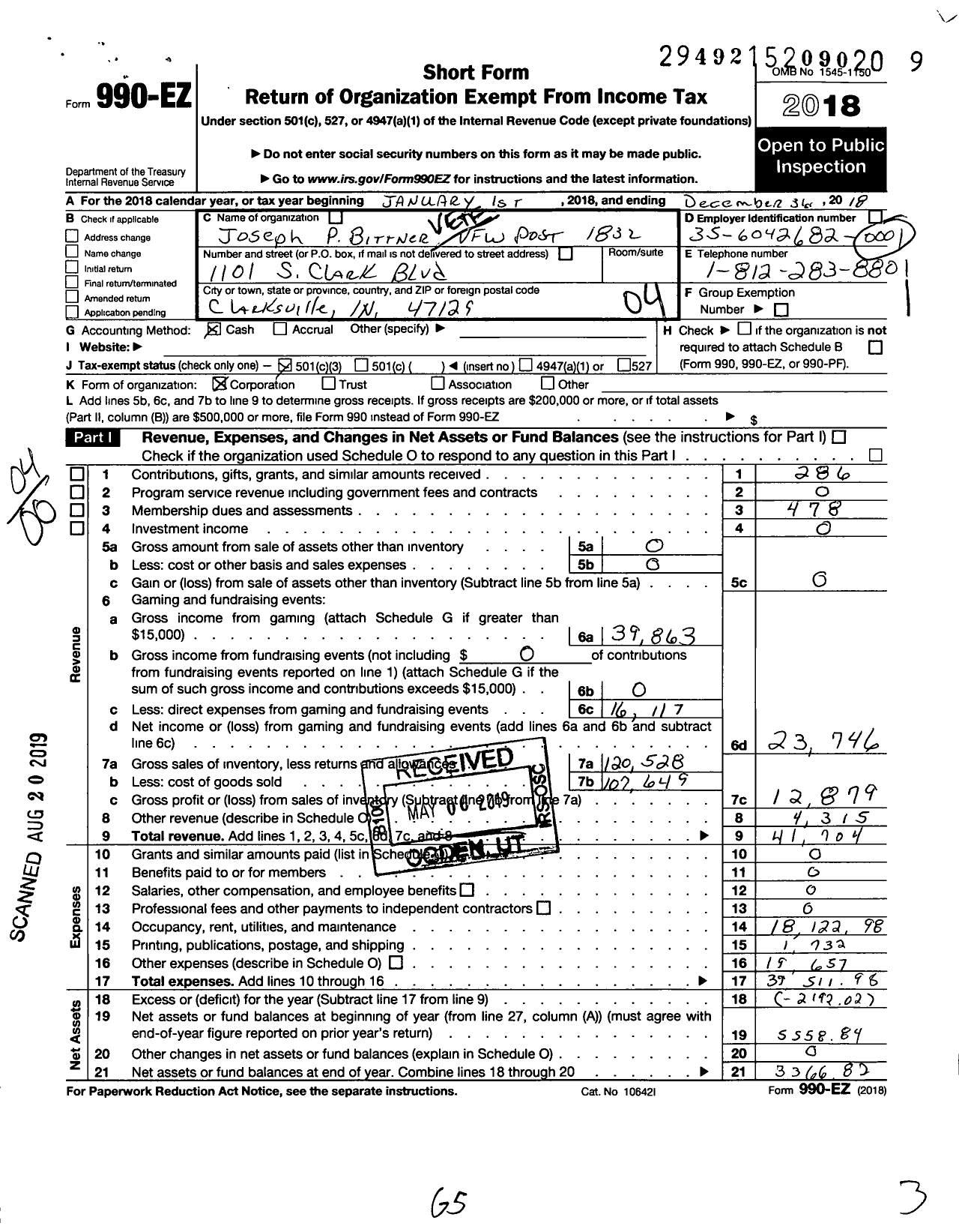 Image of first page of 2018 Form 990EO for VFW Department of Indiana - 1832 Joseph P Bittner Post