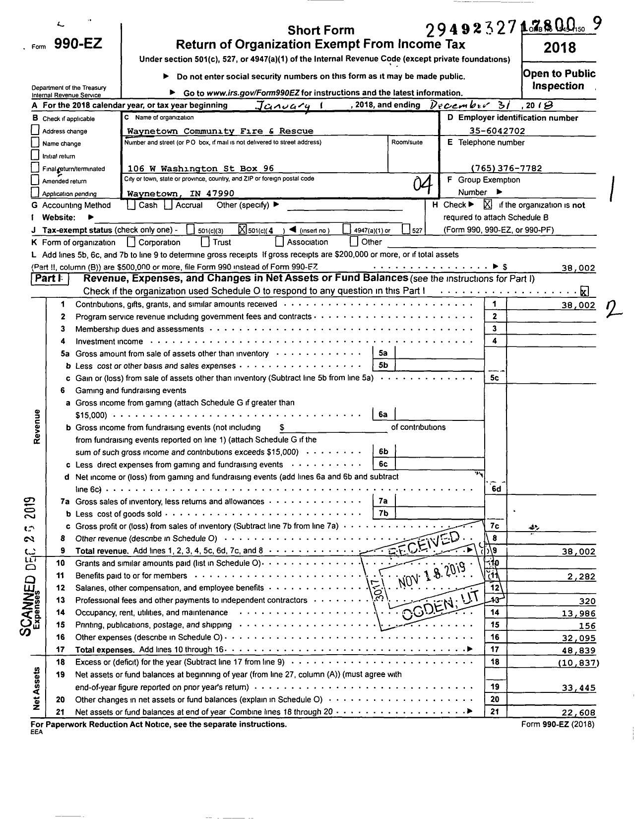 Image of first page of 2018 Form 990EO for Waynetown Community Fire & Rescue