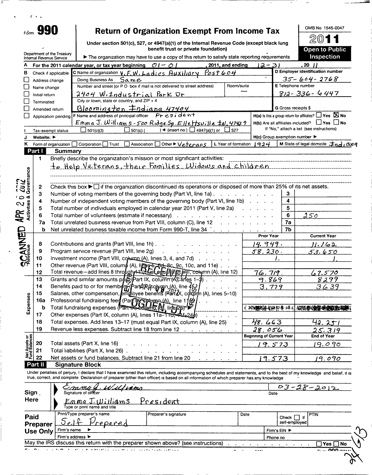 Image of first page of 2011 Form 990O for Veterans of Foreign Wars Department of Indiana Auxiliary - 604 Laurens B Strain Auxiliary To the VFW