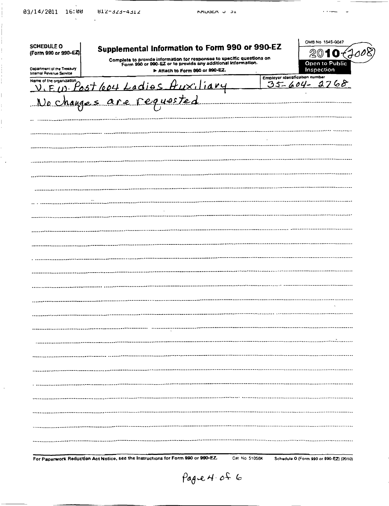 Image of first page of 2010 Form 990OR for Veterans of Foreign Wars Department of Indiana Auxiliary - 604 Laurens B Strain Auxiliary To the VFW