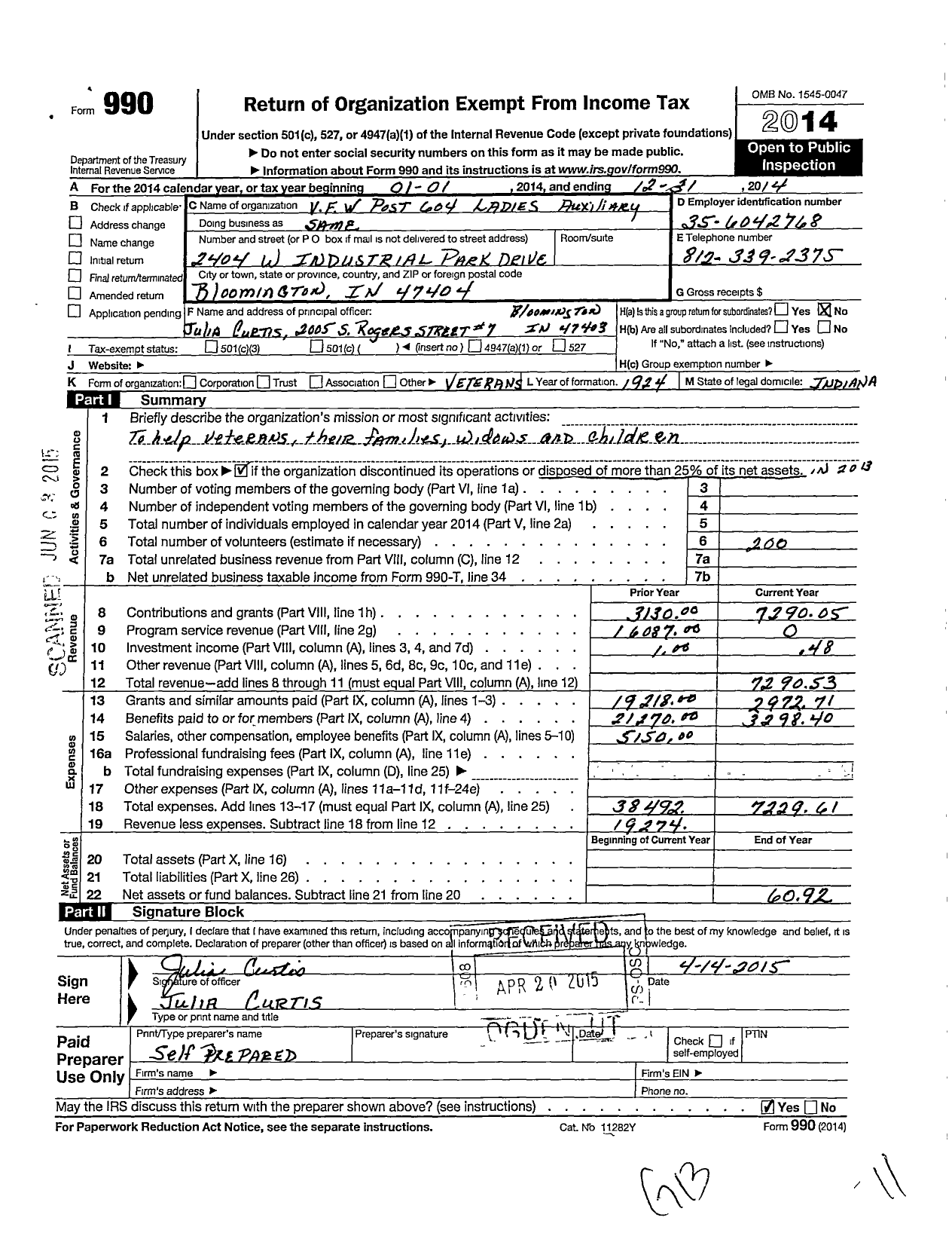 Image of first page of 2014 Form 990O for Veterans of Foreign Wars Department of Indiana Auxiliary - 604 Laurens B Strain Auxiliary To the VFW