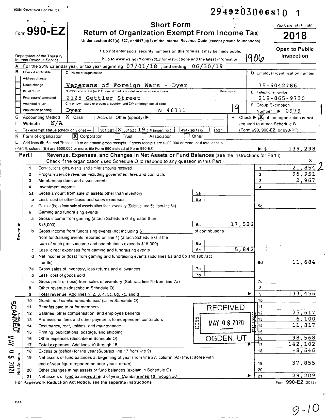 Image of first page of 2018 Form 990EO for VFW Department of Indiana - 6448 Vfw-Ind Dyer Memorial