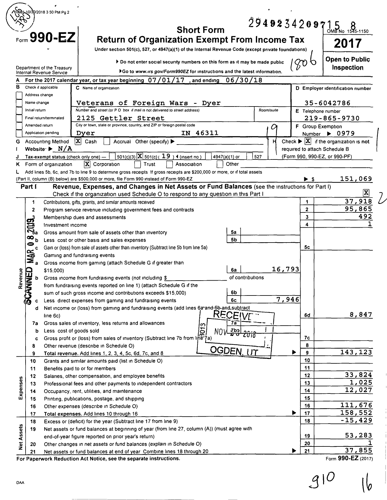 Image of first page of 2017 Form 990EO for VFW Department of Indiana - 6448 Vfw-Ind Dyer Memorial