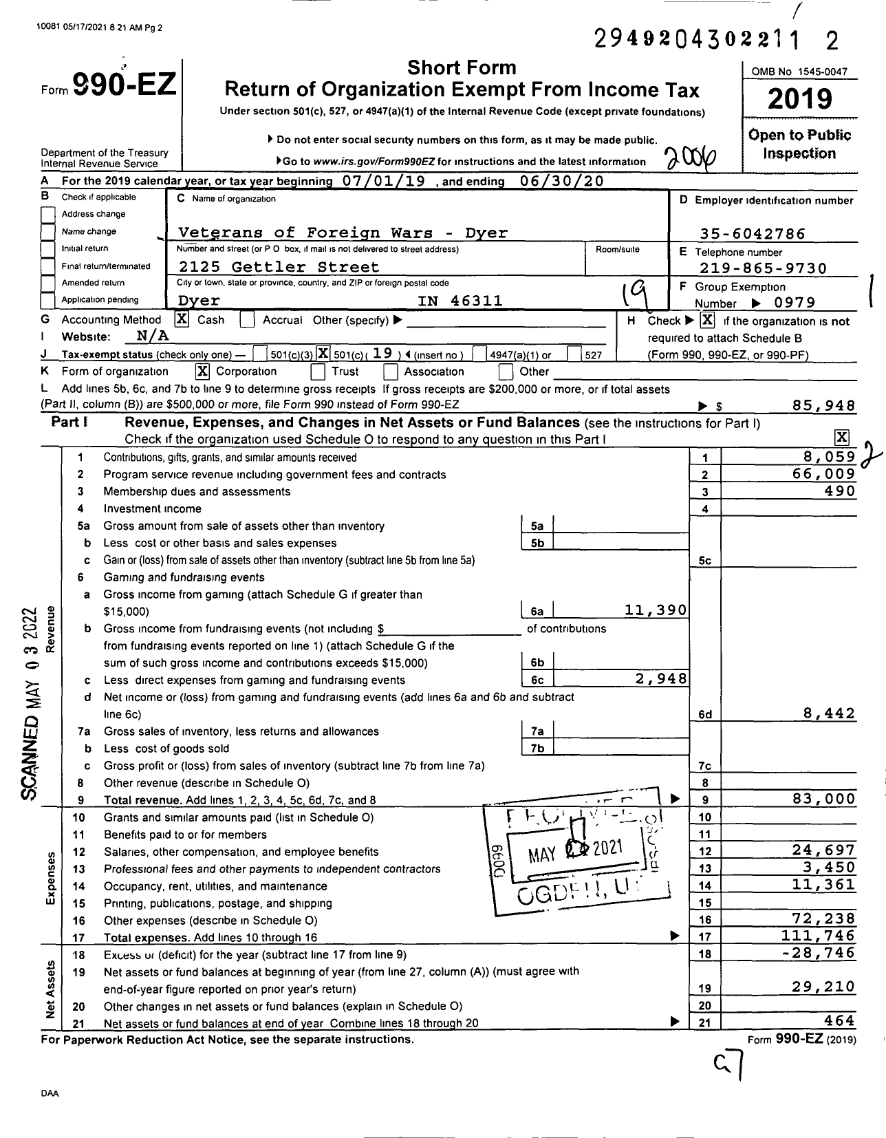 Image of first page of 2019 Form 990EO for VFW Department of Indiana - 6448 Vfw-Ind Dyer Memorial