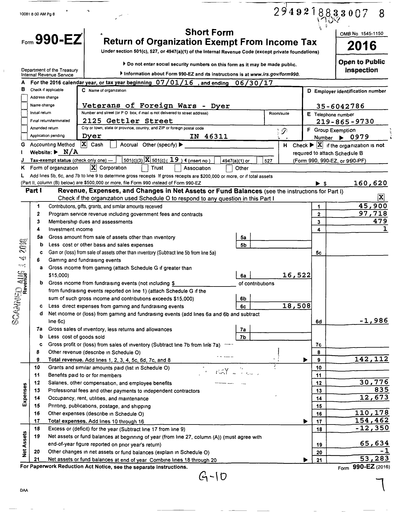 Image of first page of 2016 Form 990EO for VFW Department of Indiana - 6448 Vfw-Ind Dyer Memorial