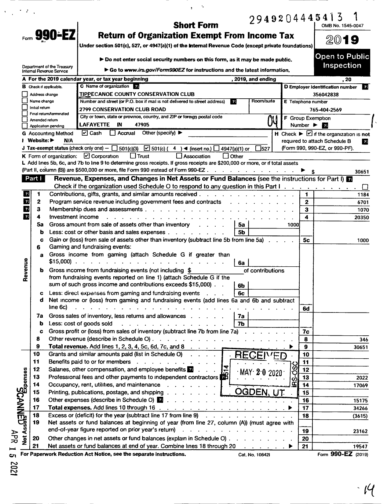 Image of first page of 2019 Form 990EO for Tippecanoe County Conservation Club