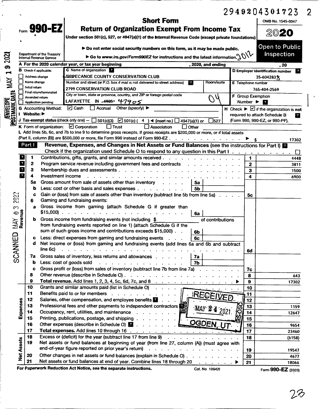 Image of first page of 2020 Form 990EO for Tippecanoe County Conservation Club