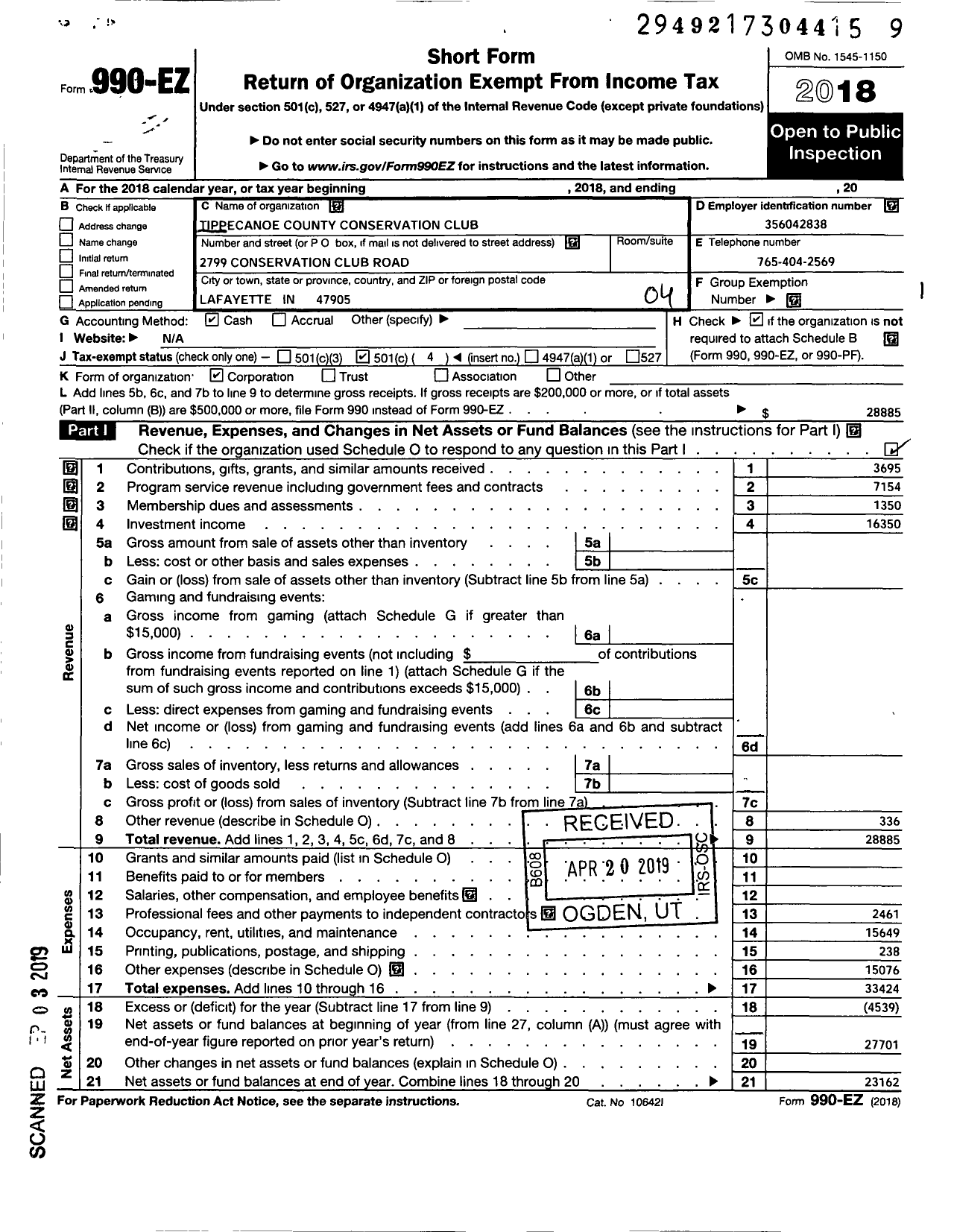 Image of first page of 2018 Form 990EO for Tippecanoe County Conservation Club