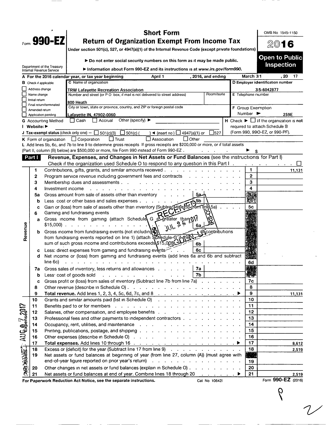 Image of first page of 2016 Form 990EO for ZF Recreation Association ZF Recreation Association