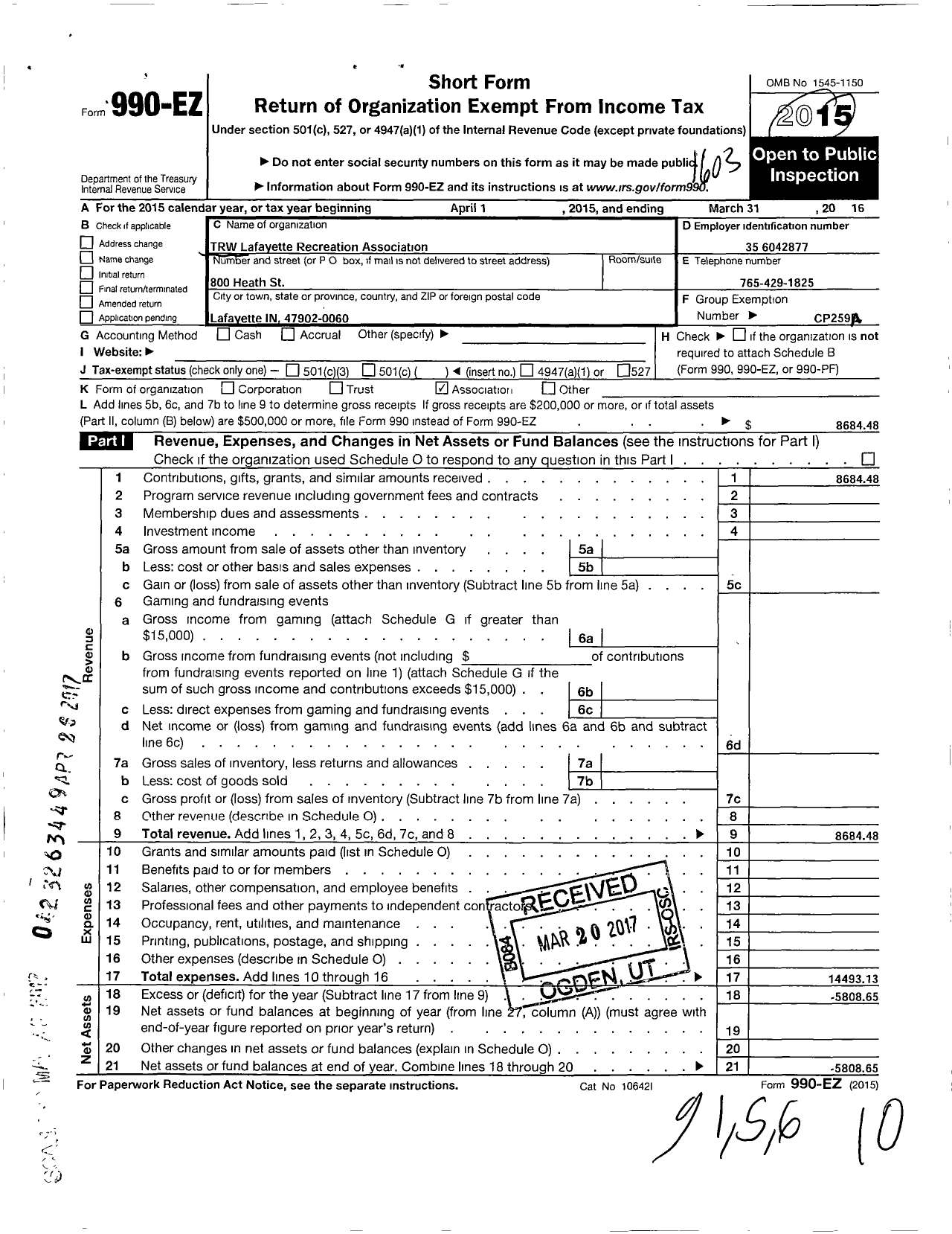 Image of first page of 2015 Form 990EO for ZF Recreation Association ZF Recreation Association