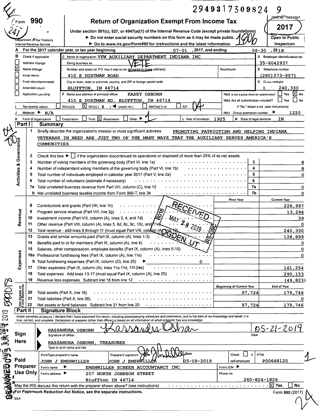 Image of first page of 2017 Form 990O for VFW Auxiliary Dept Indiana