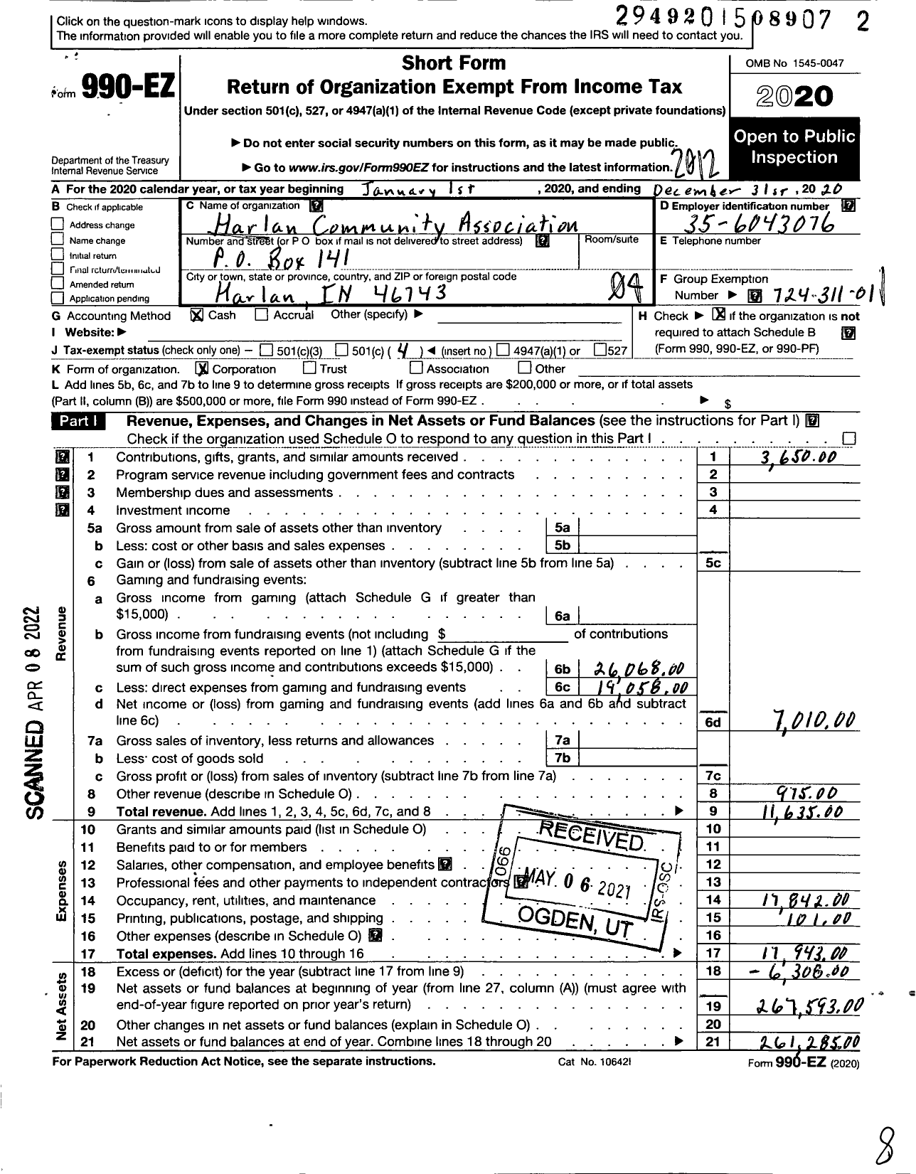 Image of first page of 2020 Form 990EO for Harlan Communty Association