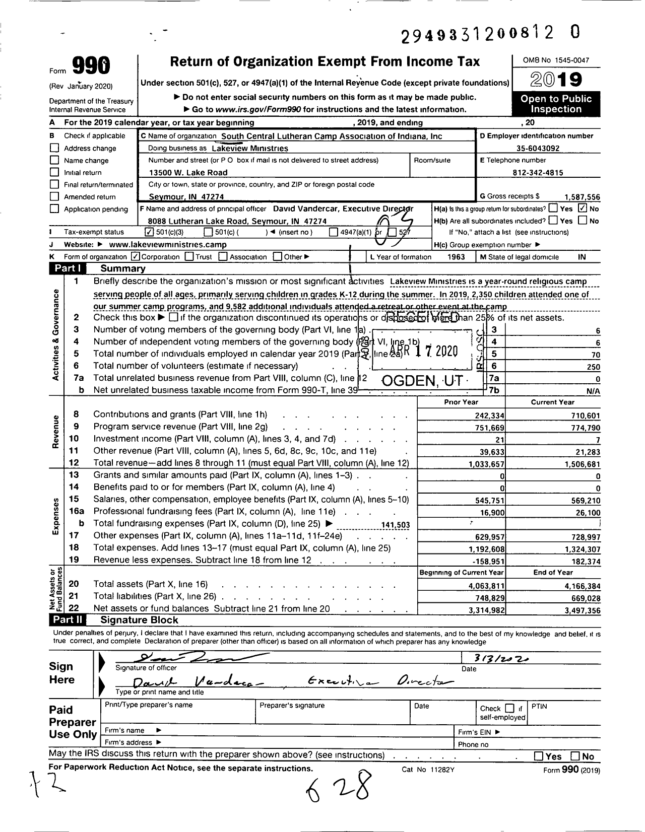 Image of first page of 2019 Form 990 for Lakeview Ministries