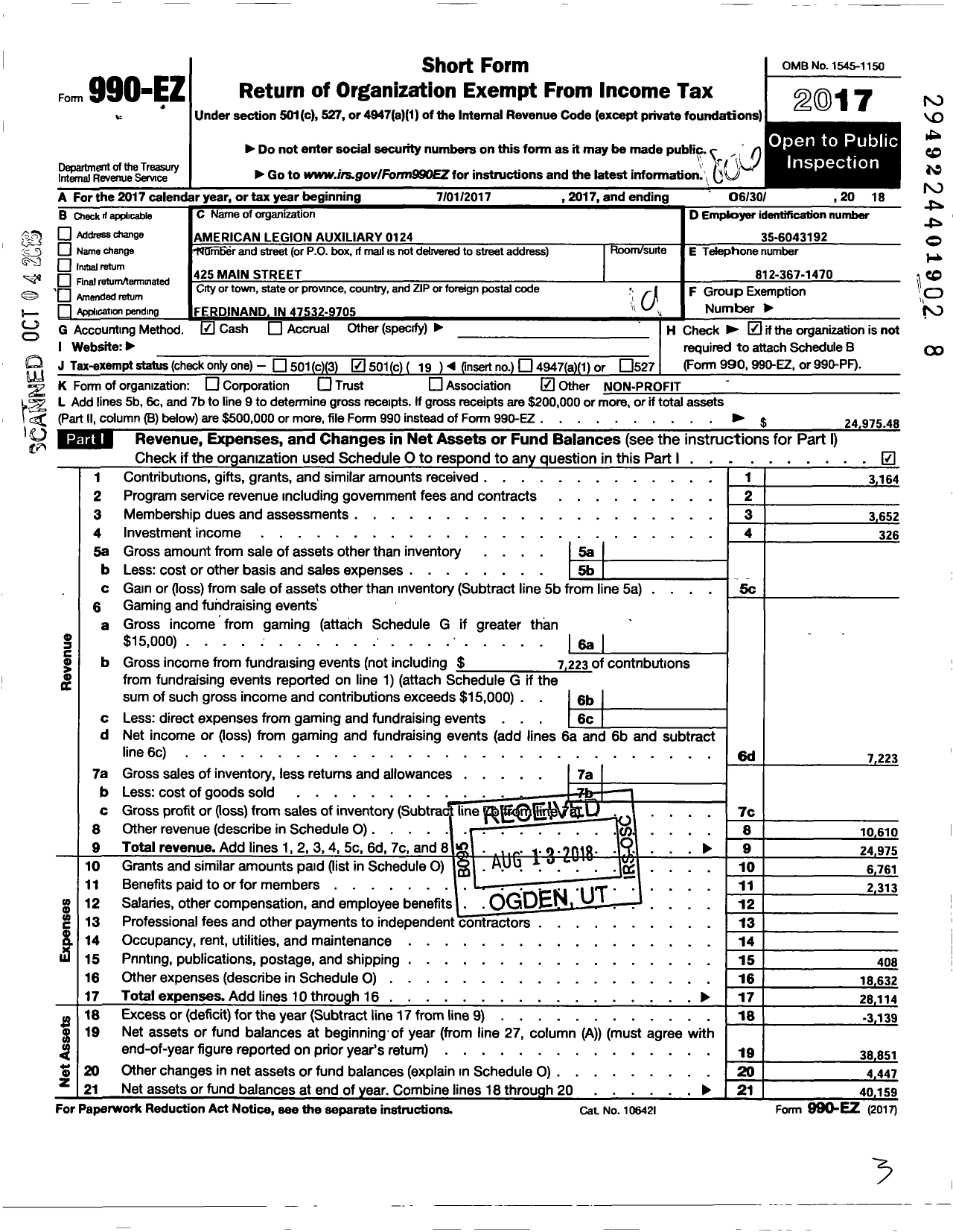 Image of first page of 2017 Form 990EO for American Legion Auxiliary - 124 Ferdinand