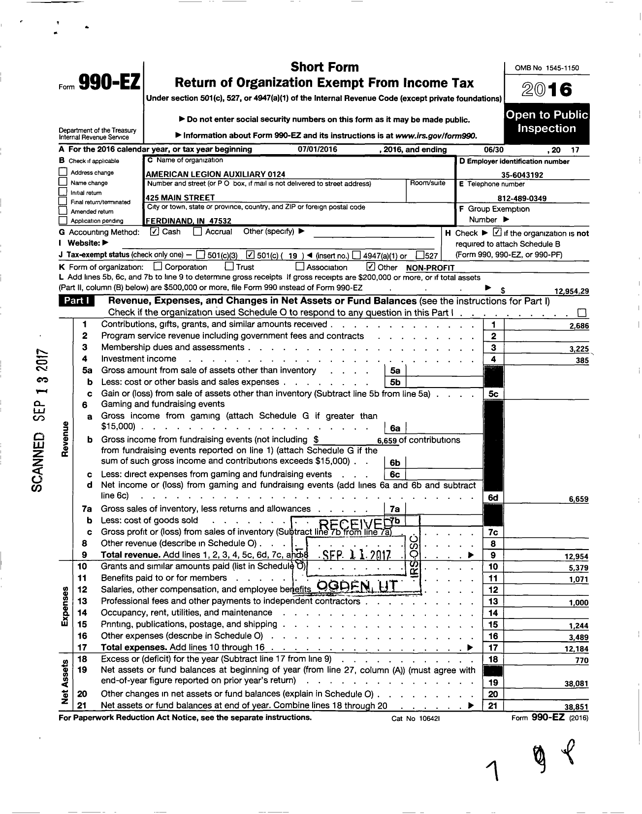 Image of first page of 2016 Form 990EO for American Legion Auxiliary - 124 Ferdinand