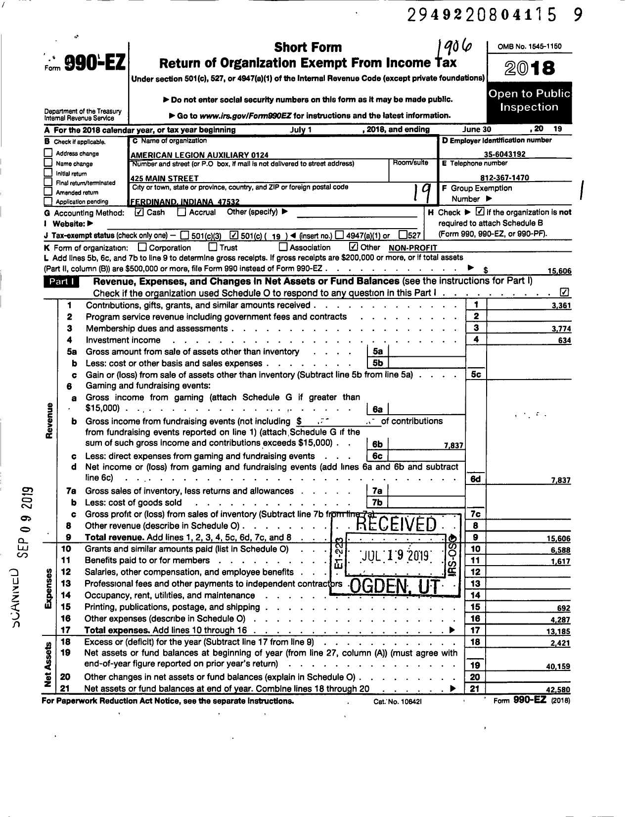 Image of first page of 2018 Form 990EO for American Legion Auxiliary - 124 Ferdinand