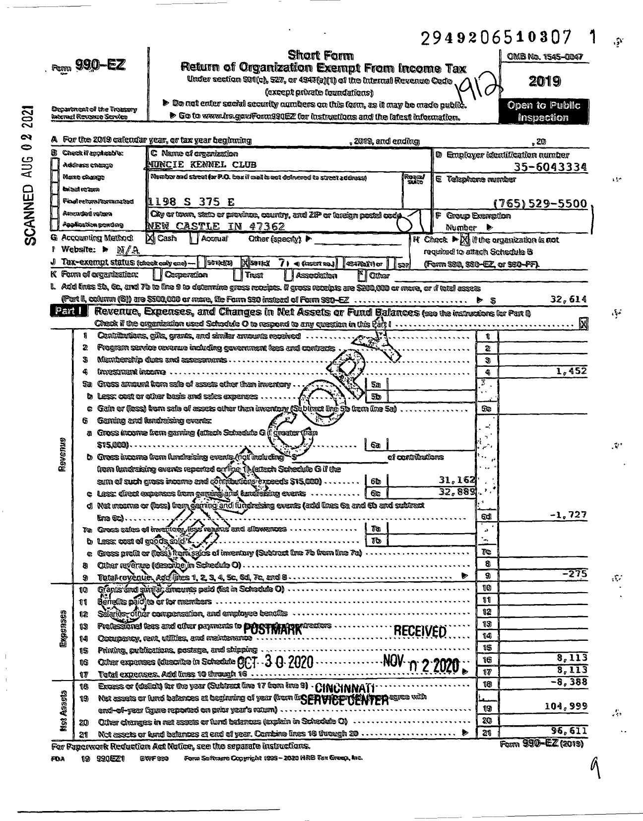 Image of first page of 2019 Form 990EO for Muncie Kennel Club