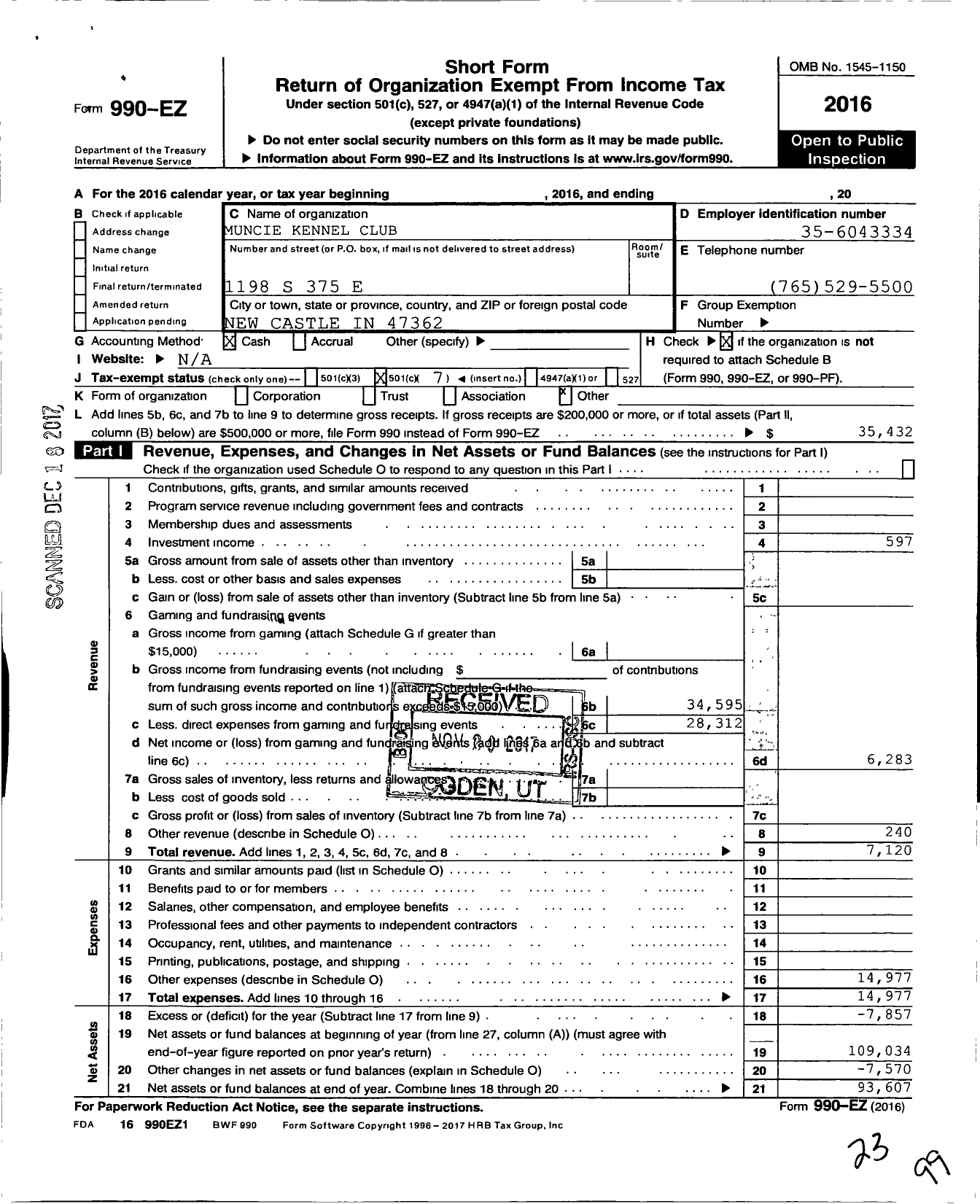 Image of first page of 2016 Form 990EO for Muncie Kennel Club