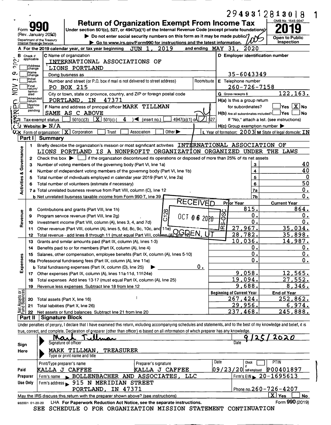 Image of first page of 2019 Form 990O for Lions Clubs - 9623 Portland