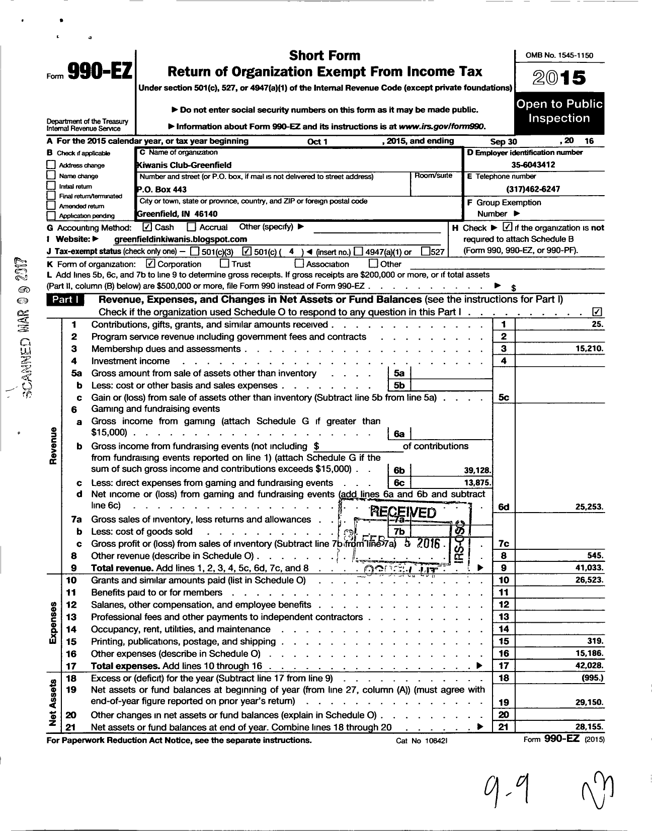 Image of first page of 2015 Form 990EO for Kiwanis International - K00826 Greenfield