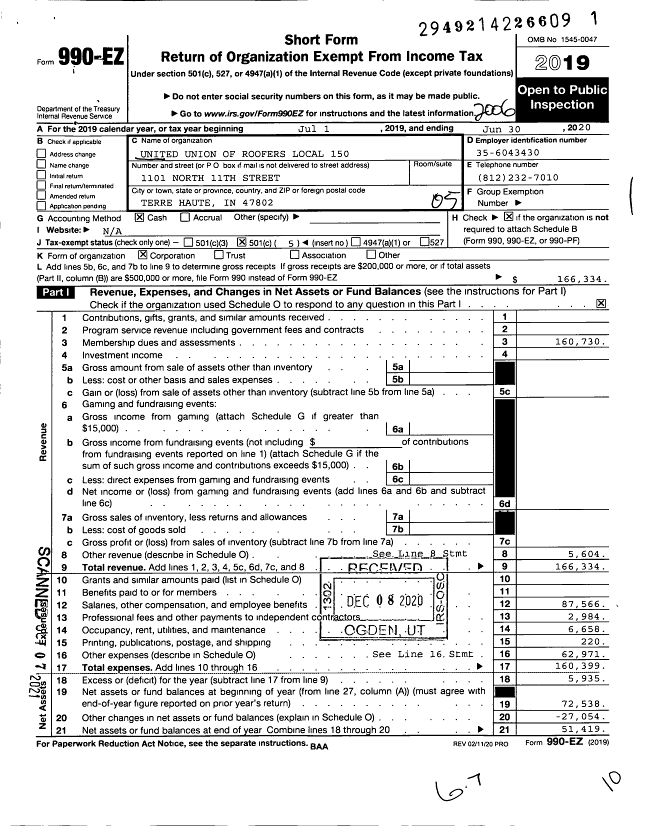 Image of first page of 2019 Form 990EO for United Union of Roofers, Waterproofers and Allied Workers - 150 Rdwa