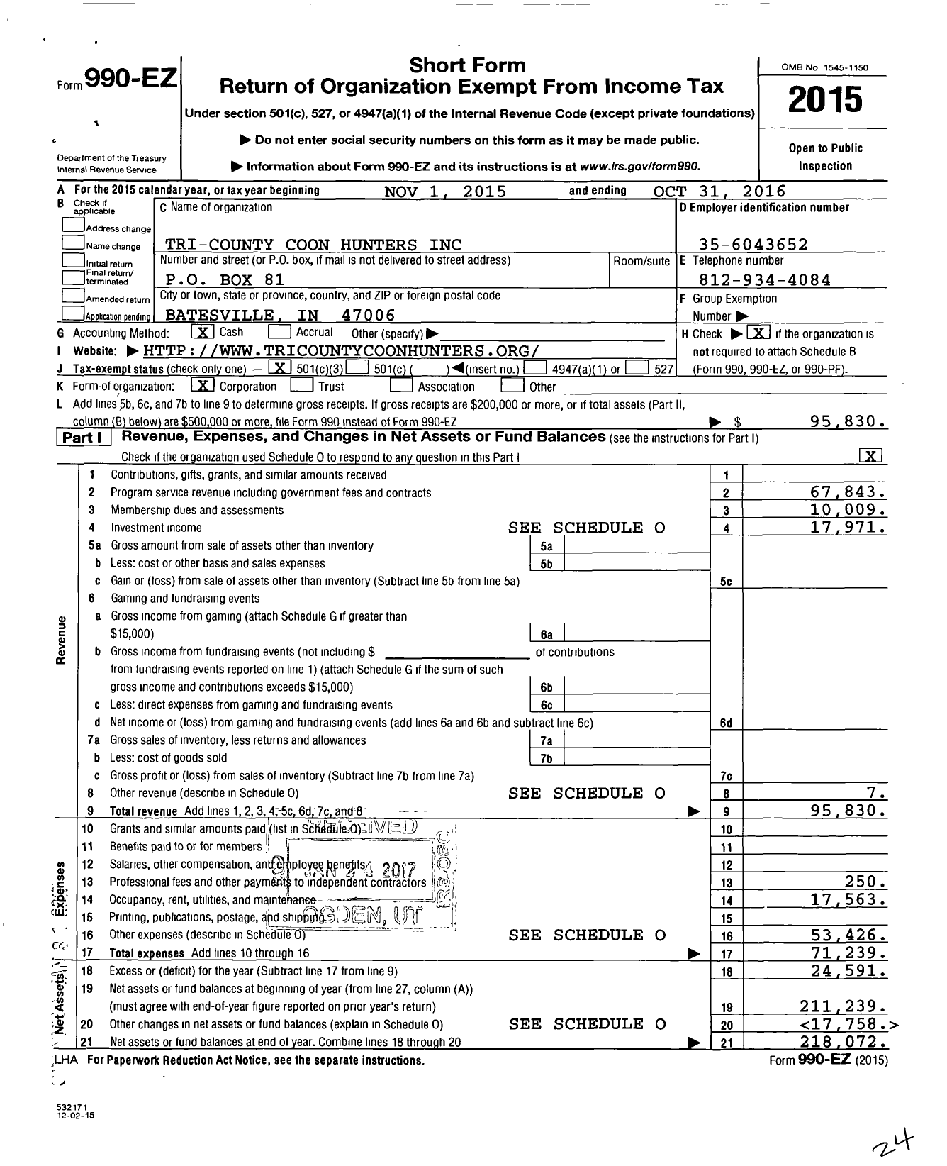 Image of first page of 2015 Form 990EZ for Tri-County Coon Hunters