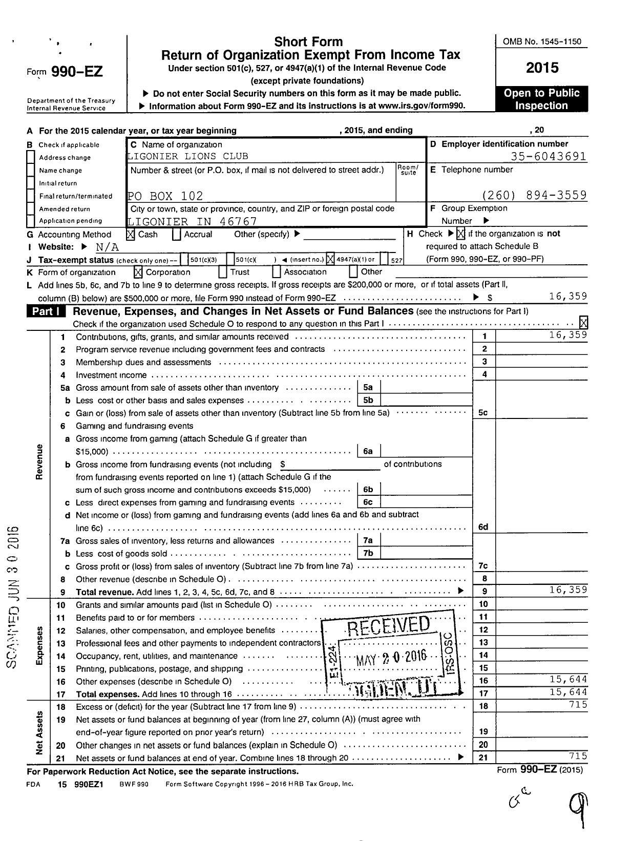 Image of first page of 2015 Form 990EO for Lions Clubs - 9506 Ligonier