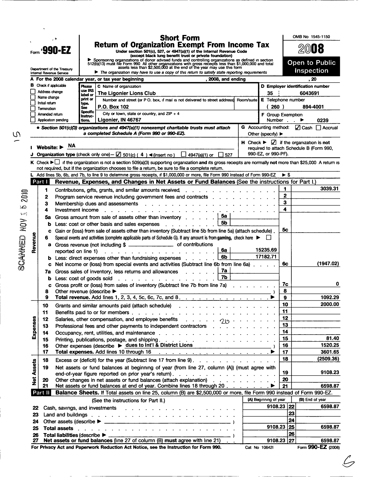 Image of first page of 2008 Form 990EO for Lions Clubs - 9506 Ligonier