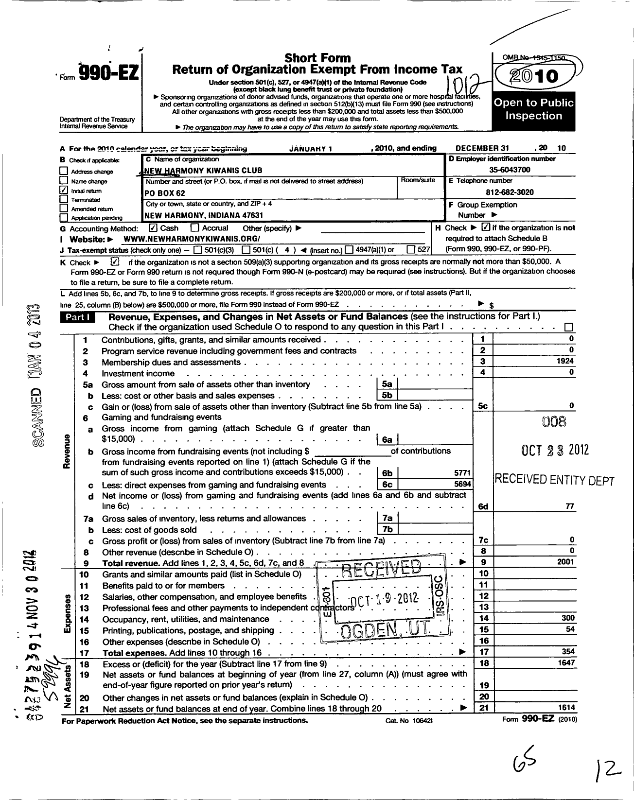 Image of first page of 2010 Form 990EO for Kiwanis International - K02931 New Harmony