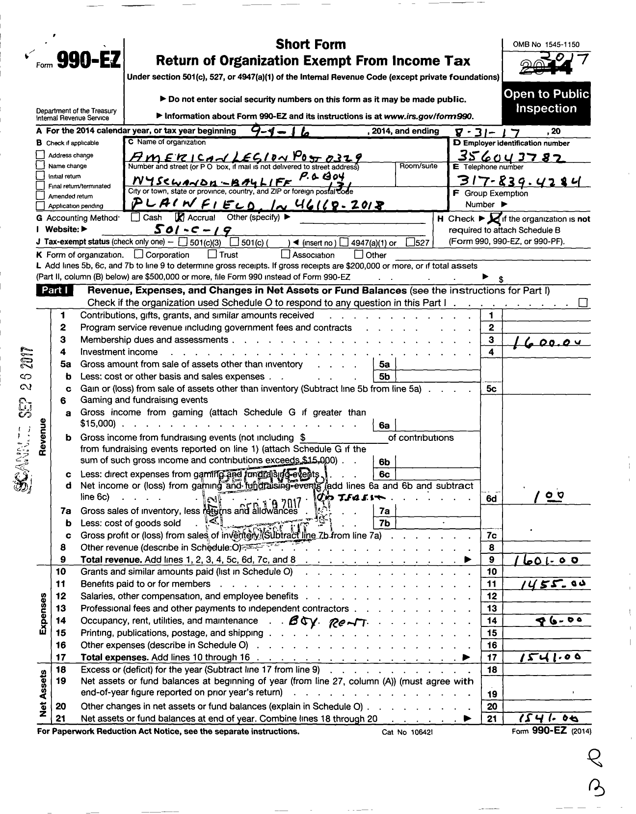 Image of first page of 2016 Form 990EO for American Legion - Post 329 Nysewander Bayliff