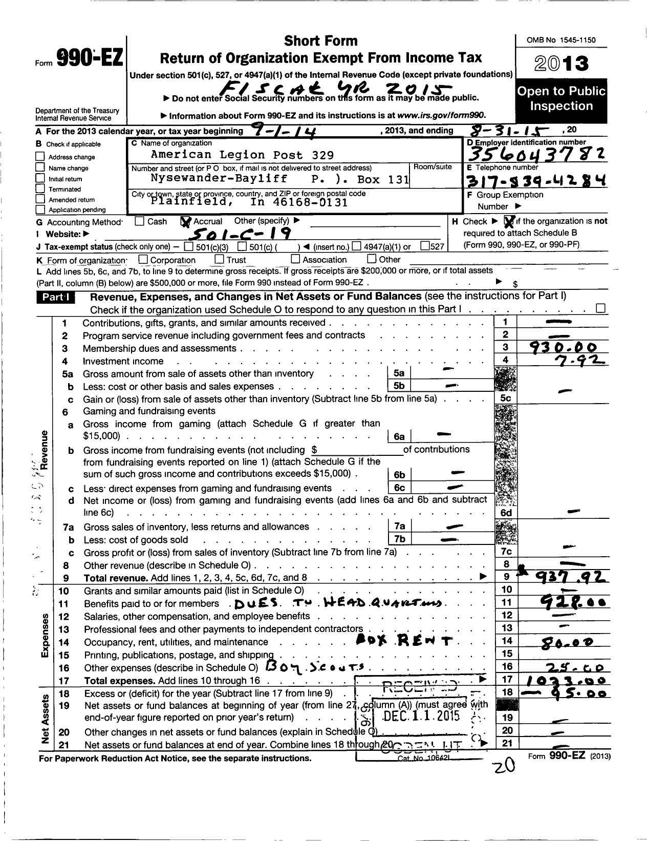 Image of first page of 2014 Form 990EO for American Legion - Post 329 Nysewander Bayliff