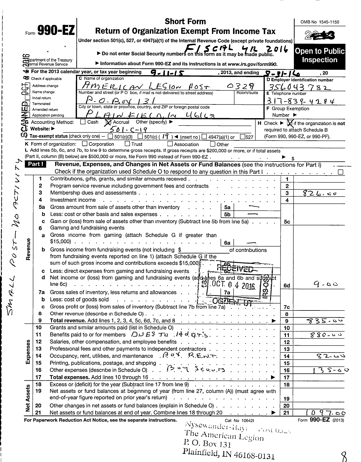 Image of first page of 2015 Form 990EO for American Legion - Post 329 Nysewander Bayliff