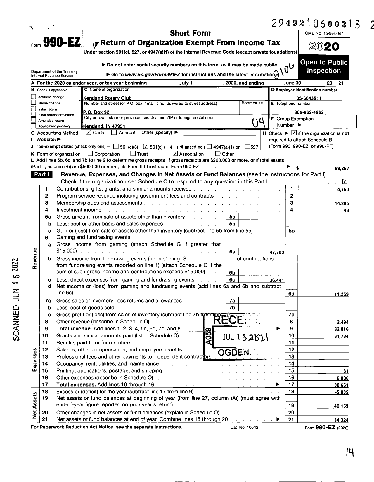 Image of first page of 2020 Form 990EO for Rotary International - Kentland Rotary Club