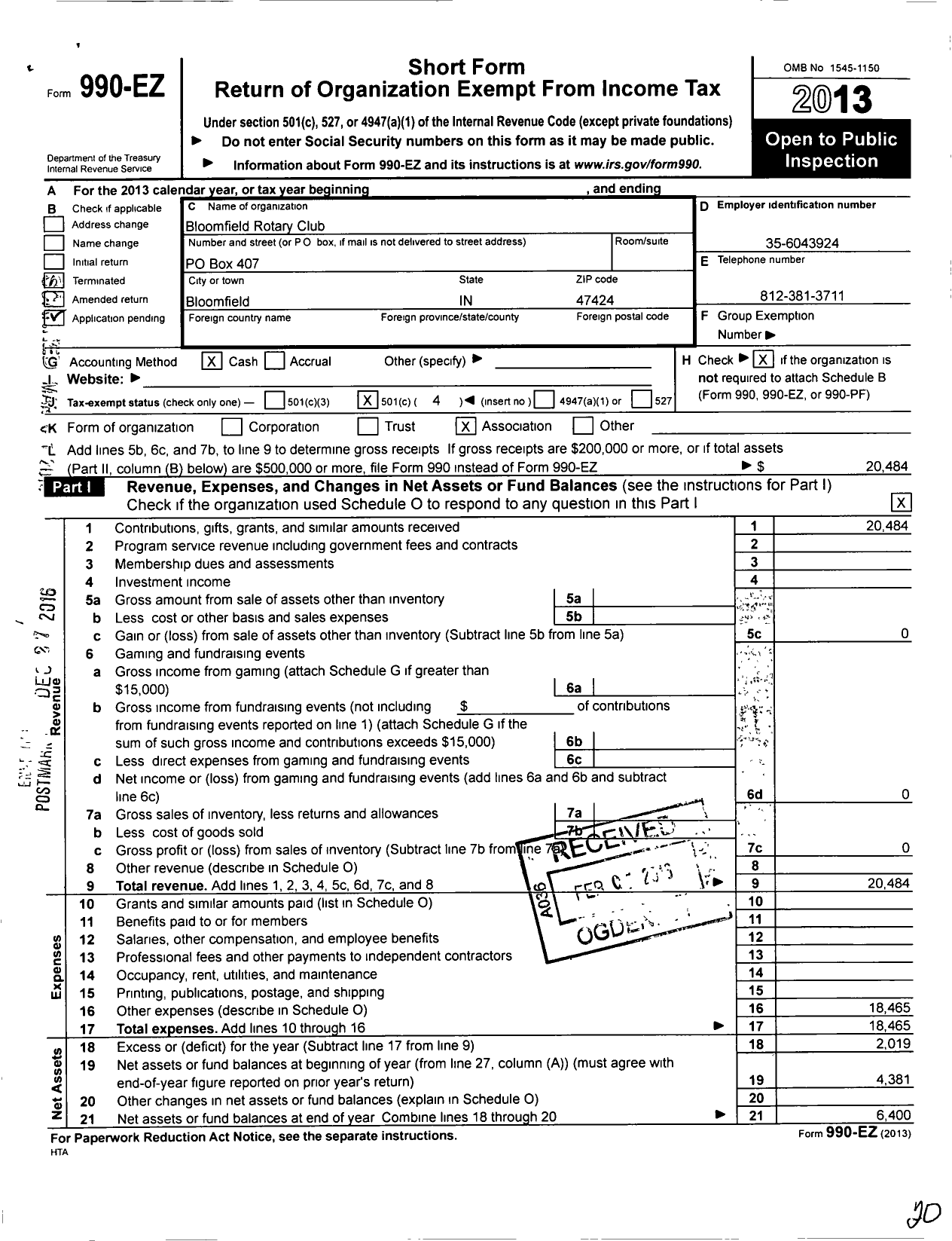 Image of first page of 2013 Form 990EO for Rotary International - Bloomfield Rotary Club