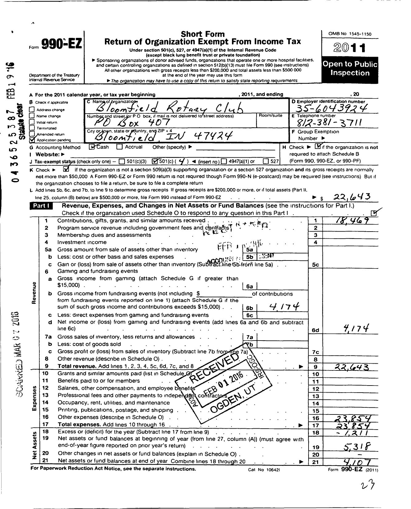 Image of first page of 2011 Form 990EO for Rotary International - Bloomfield Rotary Club