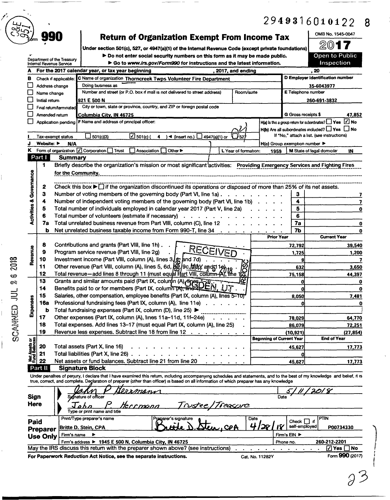 Image of first page of 2017 Form 990O for Thorncreek Twps Volunteer Fire Dept of Whitley County