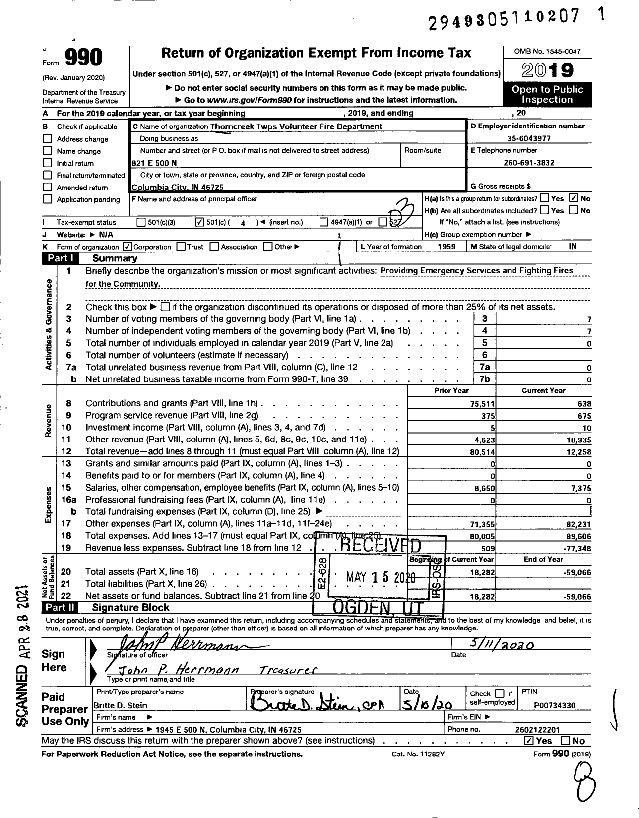 Image of first page of 2019 Form 990 for Thorncreek Twps Volunteer Fire Dept of Whitley County