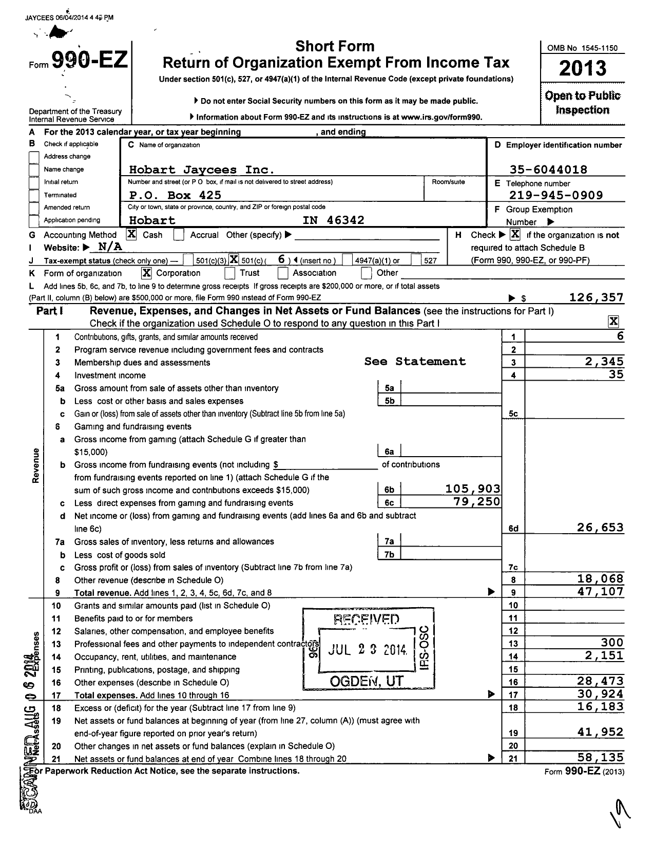 Image of first page of 2013 Form 990EO for Hobart Jaycees