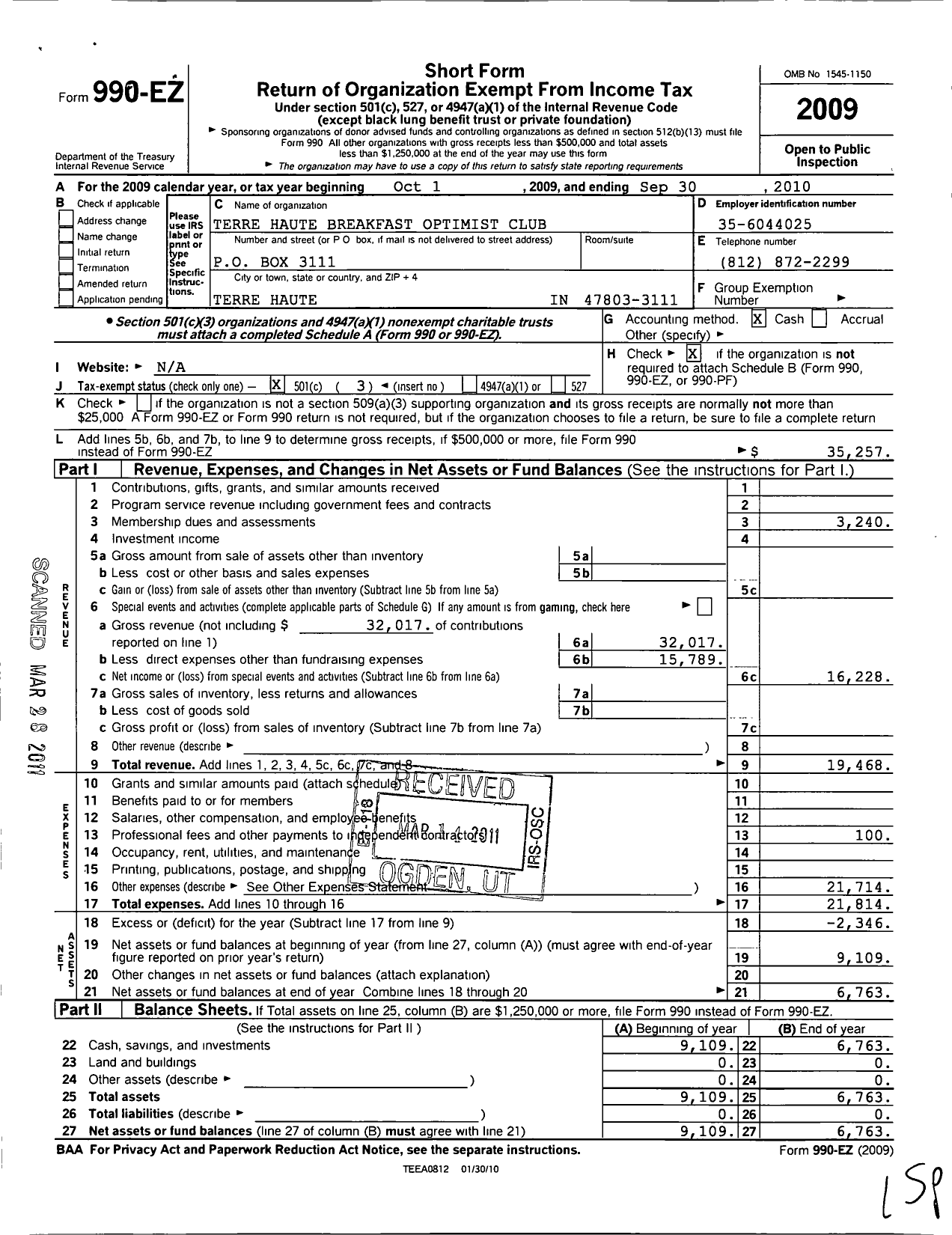 Image of first page of 2009 Form 990EZ for Optimist International - 05090 O C of Terre Haute-Bft in