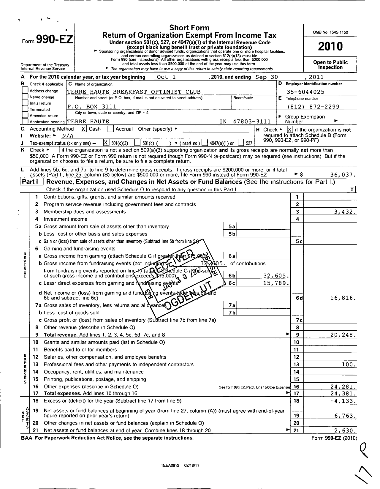 Image of first page of 2010 Form 990EZ for Optimist International - 05090 O C of Terre Haute-Bft in