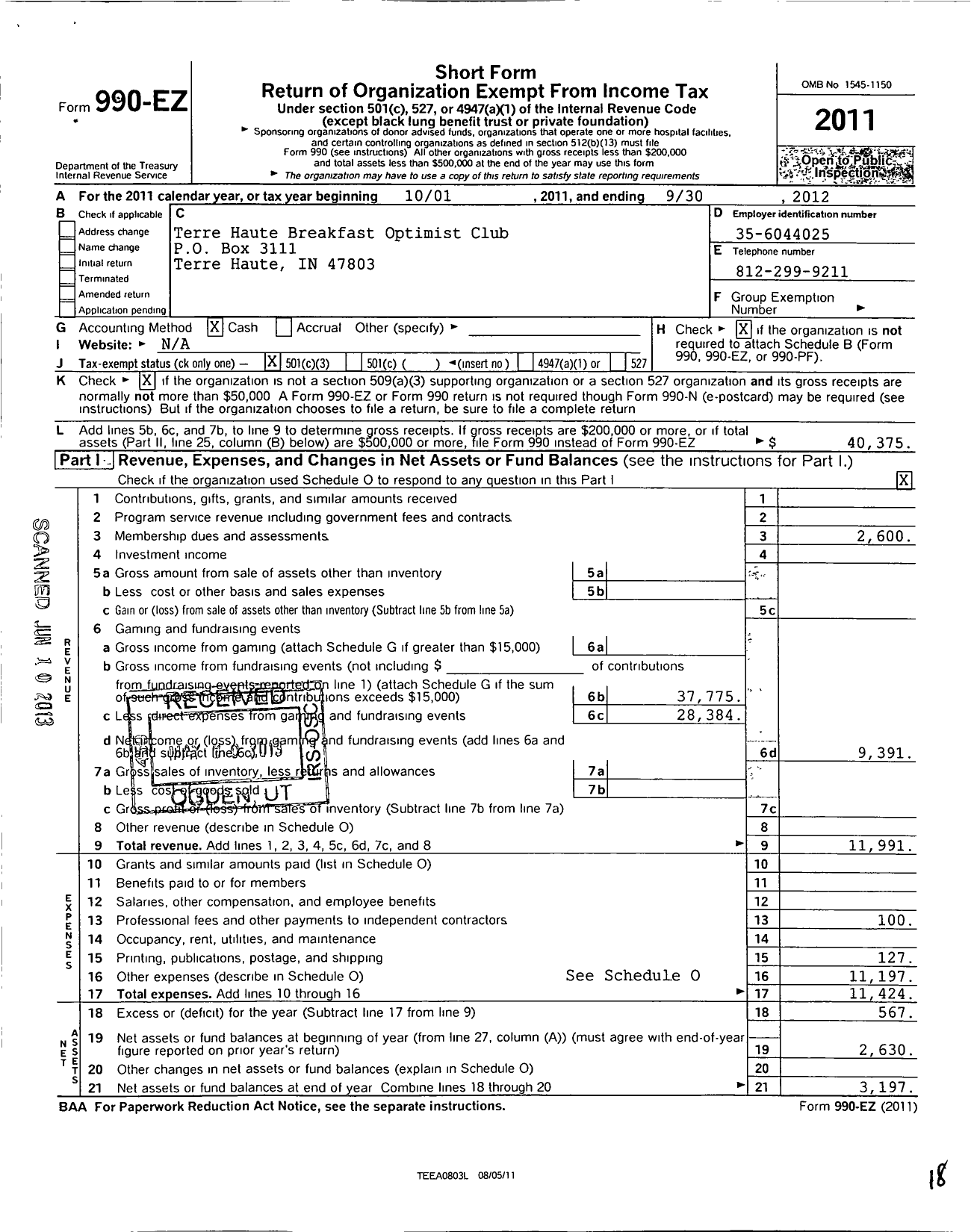 Image of first page of 2011 Form 990EZ for Optimist International - 05090 O C of Terre Haute-Bft in