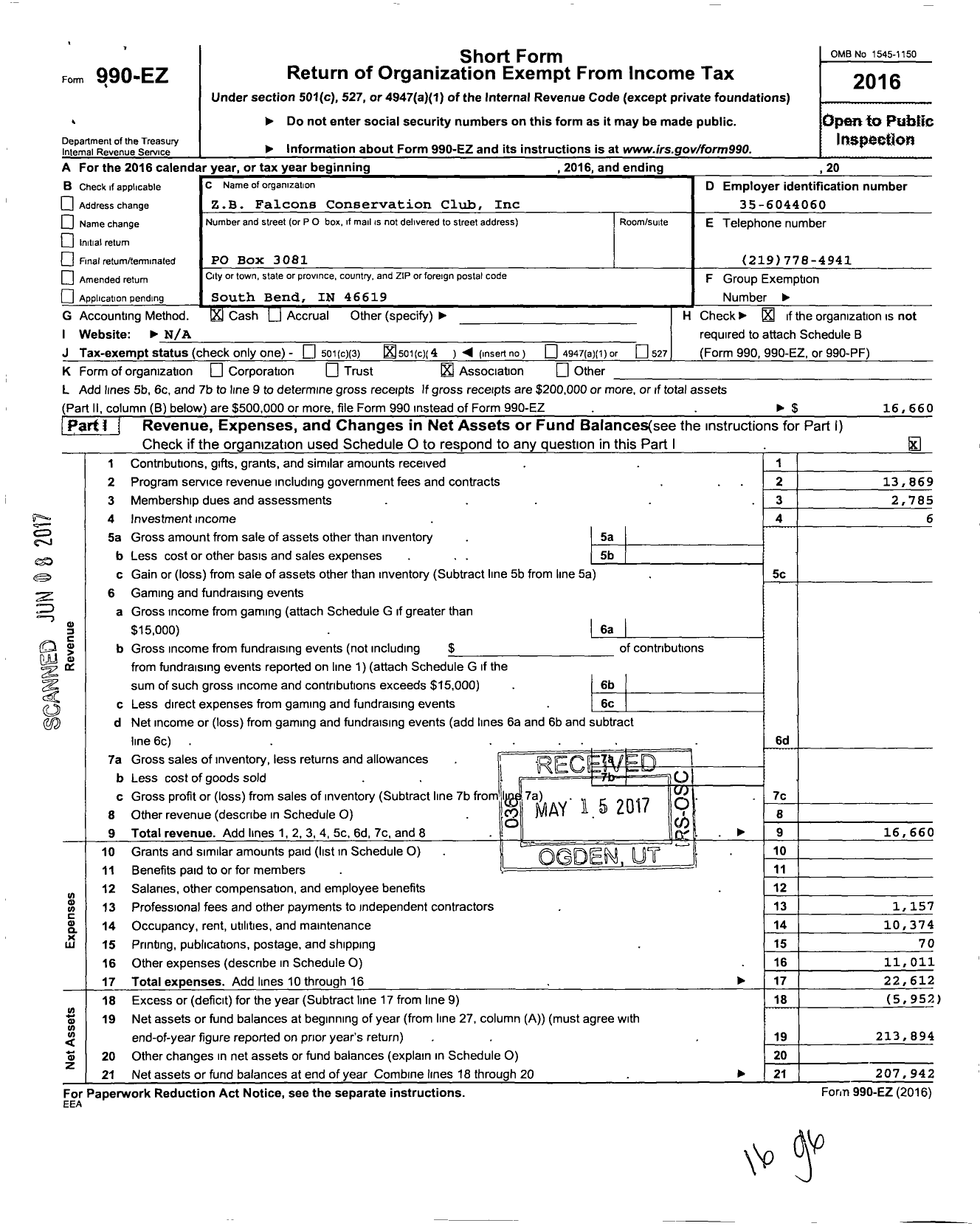 Image of first page of 2016 Form 990EO for ZB Falcons Conservation Club