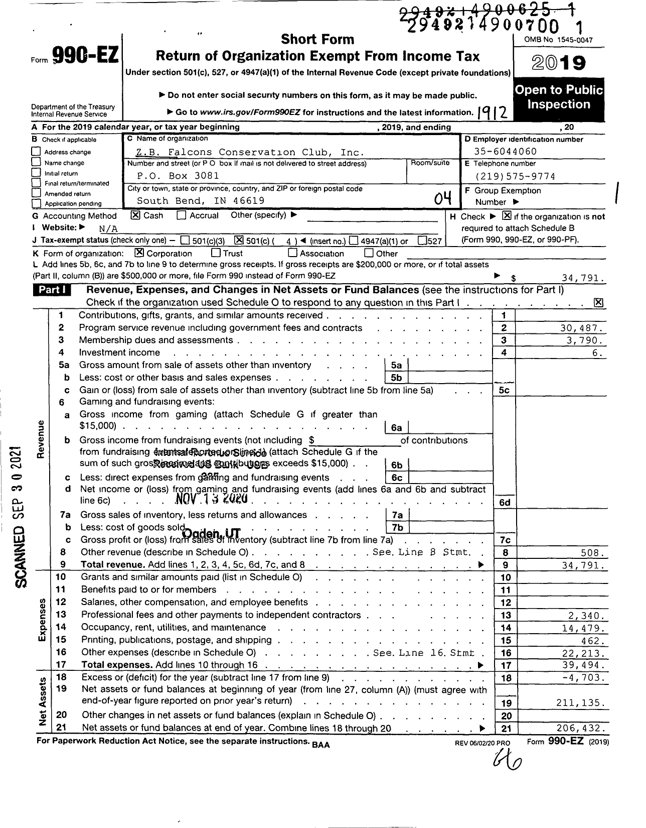 Image of first page of 2019 Form 990EO for ZB Falcons Conservation Club