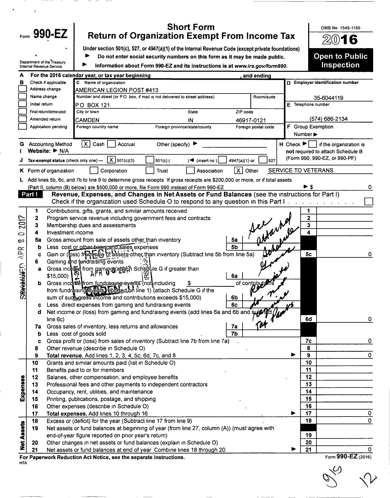 Image of first page of 2016 Form 990EZ for American Legion - 0413 Camden Post