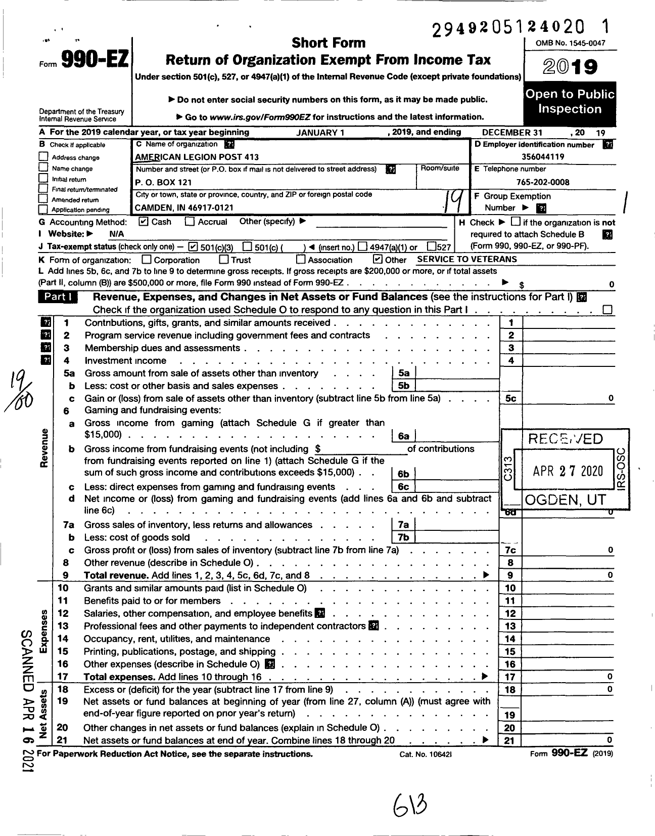 Image of first page of 2019 Form 990EO for American Legion - 0413 Camden Post