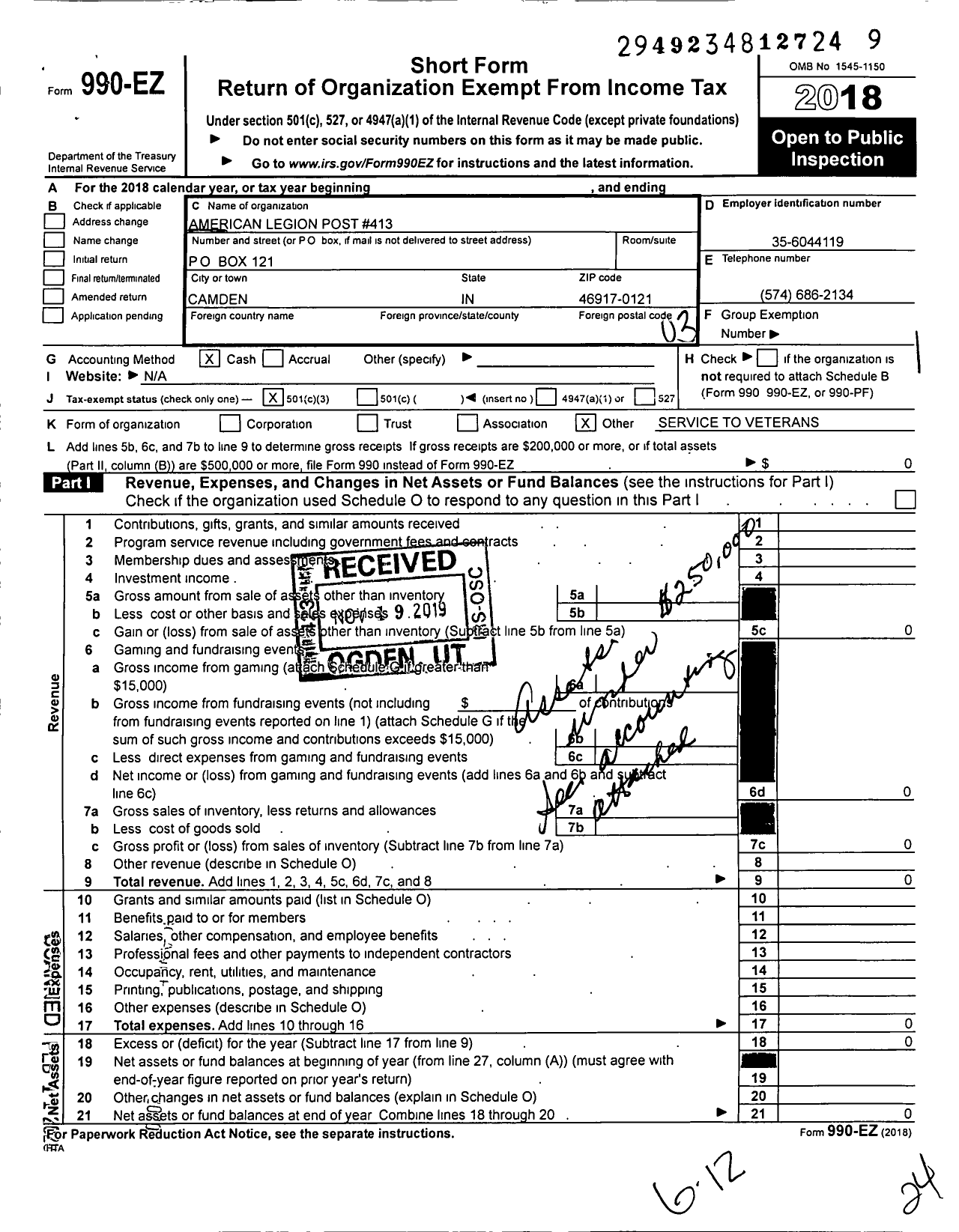 Image of first page of 2018 Form 990EZ for American Legion - 0413 Camden Post