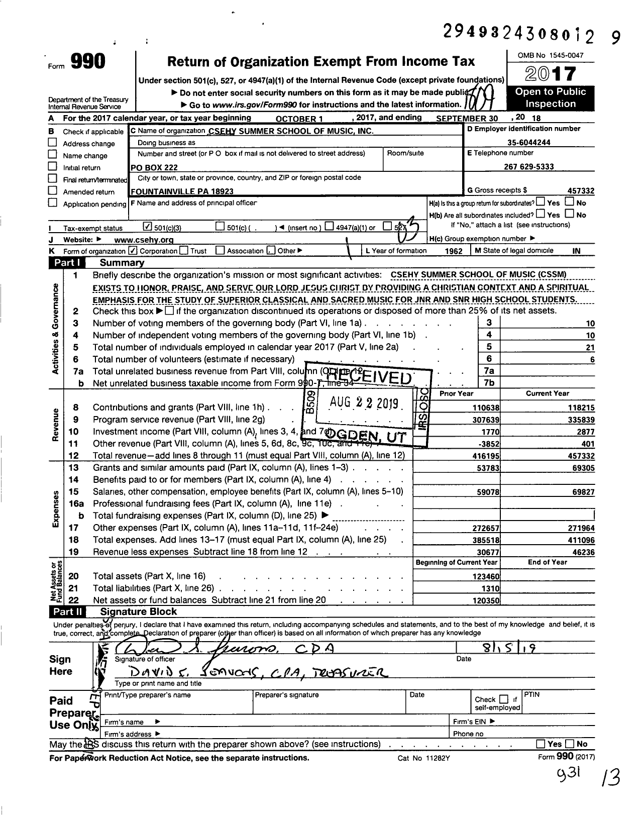 Image of first page of 2017 Form 990 for Csehy Summer School of Music