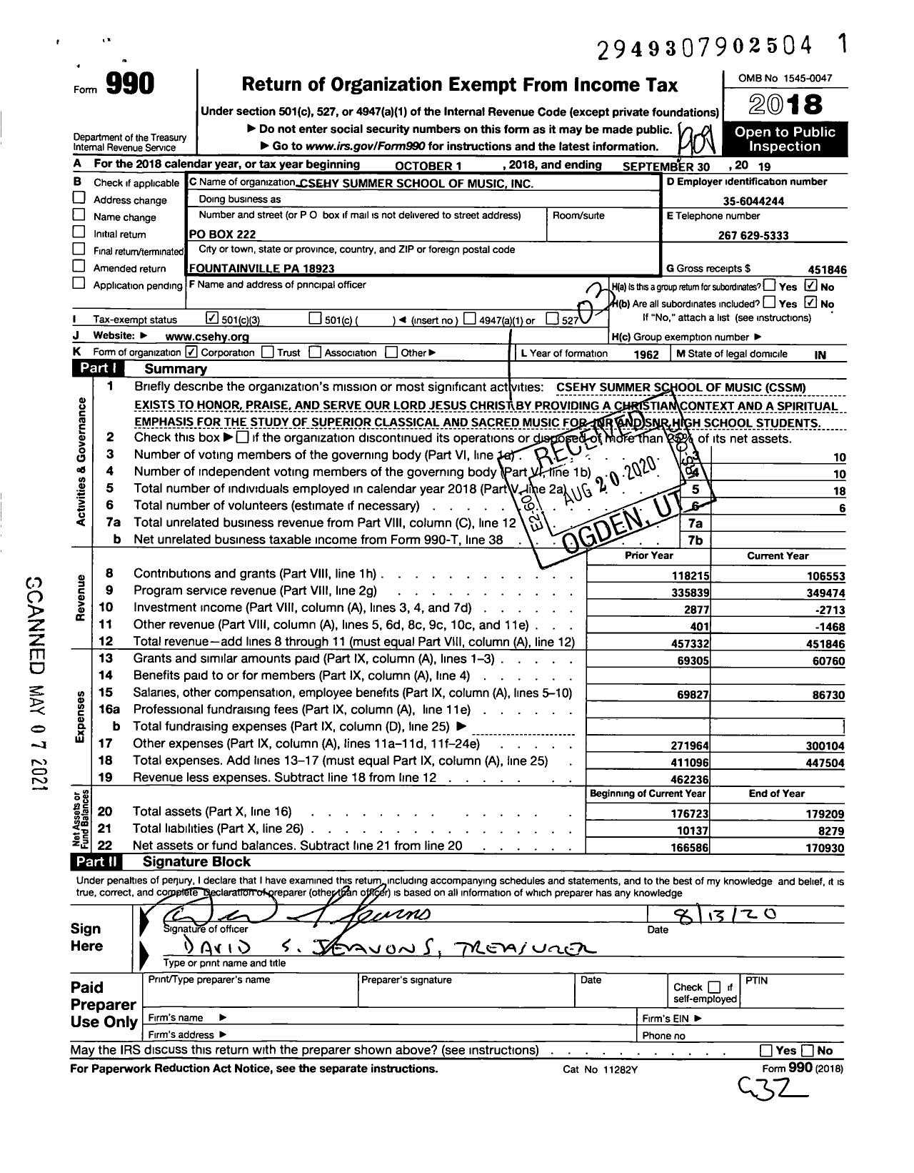 Image of first page of 2018 Form 990 for Csehy Summer School of Music