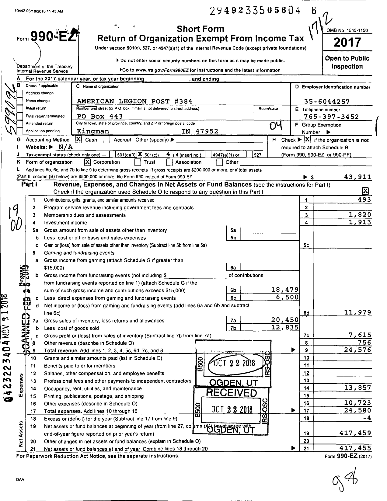 Image of first page of 2017 Form 990EO for American Legion Post 384